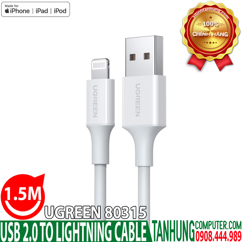 Cáp sạc USB Lightning chuẩn MFi Ugreen 80315 Dài  Chính Hãng - Vi Tính  Tấn Hưng