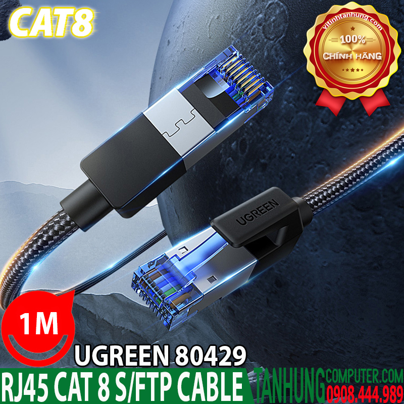 Cáp mạng Cat 8 Ugreen 80429 dài 1m đúc sẵn 2 đầu S/FTP 40Gbps bọc dù cao cấp chính hãng