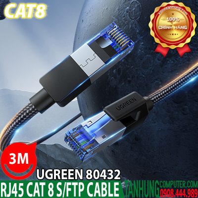 Cáp mạng Cat 8 Ugreen 80432 dài 3m đúc sẵn 2 đầu S/FTP 40Gbps bọc dù cao cấp chính hãng