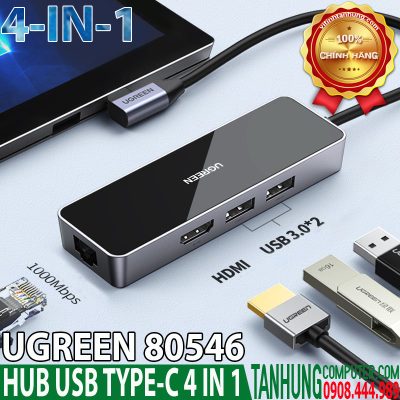 Bộ chuyển USB-C Ugreen 80546 Bẻ Góc 90 Độ HDMI 4K*2K + 2xUSB 3.0 + Lan 1Gbps  Cao cấp
