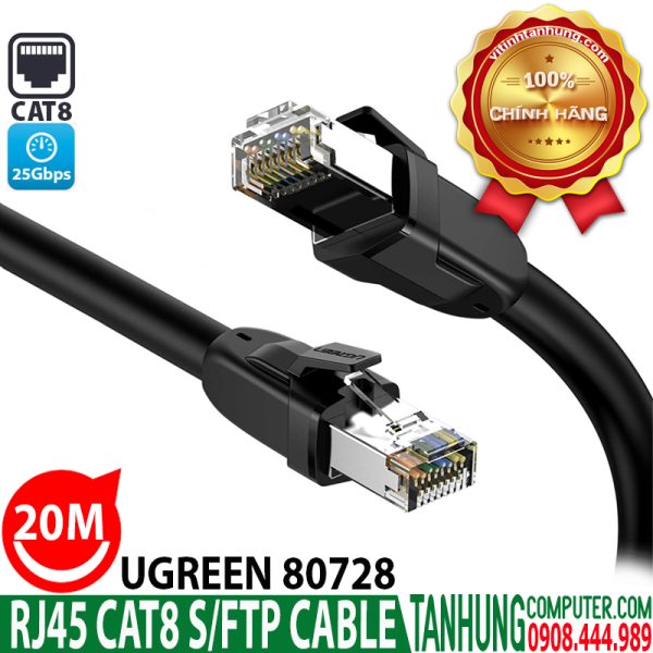 Cáp mạng Cat 8 Ugreen 80728 đúc sẵn 2 đầu S/FTP dài 20m cao cấp chính hãng