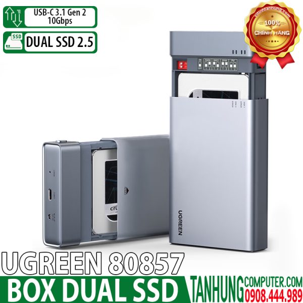 Box đọc ổ cứng 2.5 Dual Ugreen 80857 USB Type-C 3.1 Gen 2, dung lượng SSD 2x 6TB.