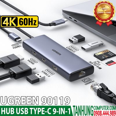 Bộ chuyển USB C 9 trong 1 Ugreen 90119, hỗ trợ xuất 2 cổng HDMI + USB + LAN Gigabit + PD 60W + SD/ TF chính hãng