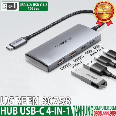 Hub USB-C 3.2 10Gbps Ugreen 30758, Hỗ trợ 2*USB 3.2 và USB-C 3.2 Chính hãng cao cấp