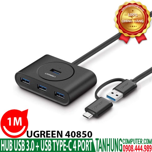 Hub USB 3.0 + USB TYPE-C 3.1 4 Cổng Ugreen 40850 (Dây dài 1m, Black)  hỗ trợ OTG