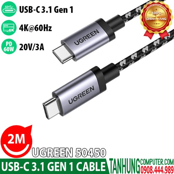 Cáp USB Type C 3.1 Gen 1 2m Ugreen 50450 - Video 4K@60Hz, PD60W, Truyền data 5Gbps