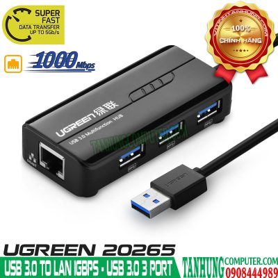 Bộ chuyển USB 3.0 to LAN 1Gbps + Hub USB 3.0 3 Cổng Ugreen 20265 Cao Cấp