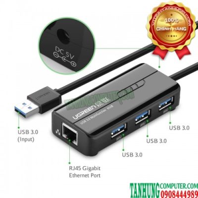 Bộ chuyển USB 3.0 to LAN 1Gbps + Hub USB 3.0 3 Cổng Ugreen 20265 Cao Cấp