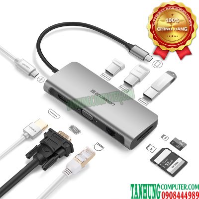 Bộ chuyển USB C to HDMI + VGA + USB 3.0 + LAN 1Gbps + Card Reader đa năng Ugreen 40873 (9 in 1)