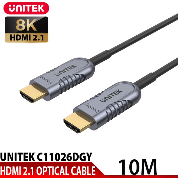 Cáp HDMI 2.1 UNITEK C11028DGY OPTICAL 10 mét 8K@60Hz 4K@120Hz 2K@144Hz Chính Hãng