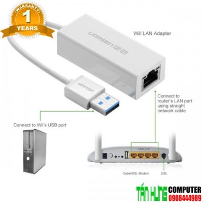 Cáp chuyển USB 3.0 to Lan hỗ trợ 10/100/1000 Mbps Ugreen 20255