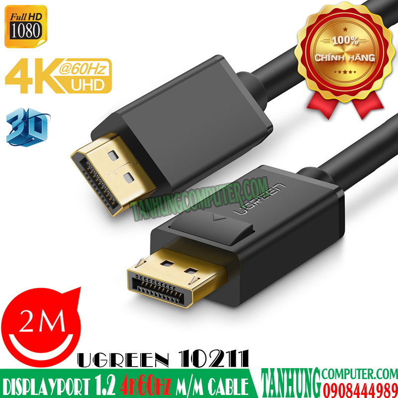 Cáp DisplayPort V1.2 2M Hỗ trợ 3D 4K60Hz Ugreen 10211 Cáp DisplayPort V1.2 2M Hỗ trợ 3D 4K60Hz Ugreen 10211