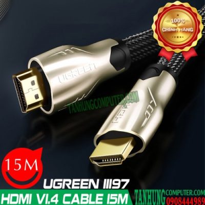 Cáp HDMI Ugreen 11197 cao cấp dài 15m 3D 4K x 2K FULL HD 1.4v (Đầu hợp kim, Bọc sợi nylon-chống nhiễu)