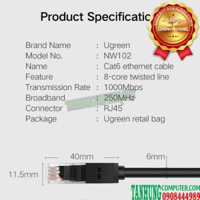 Cáp Mạng Cat6 UTP Patch Cord Đầu Xoay 90 Độ Cao Cấp Dài 1M Ugreen 30833