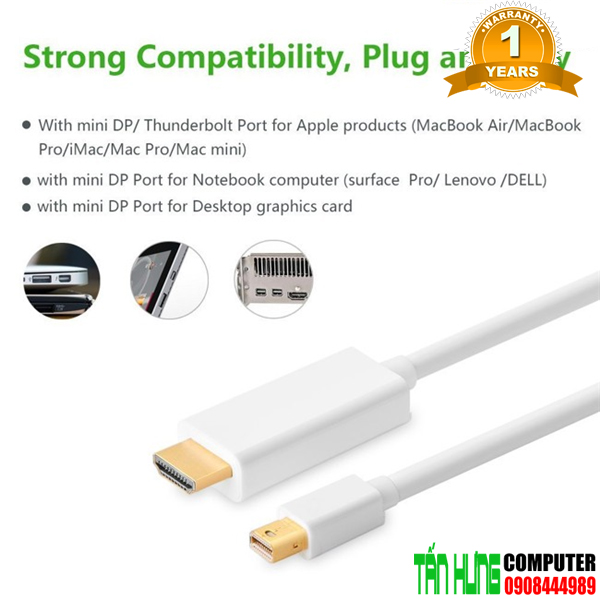 Cáp Mini DisplayPort to HDMI 2m Ugreen chính hãng 10404 (màu trắng)