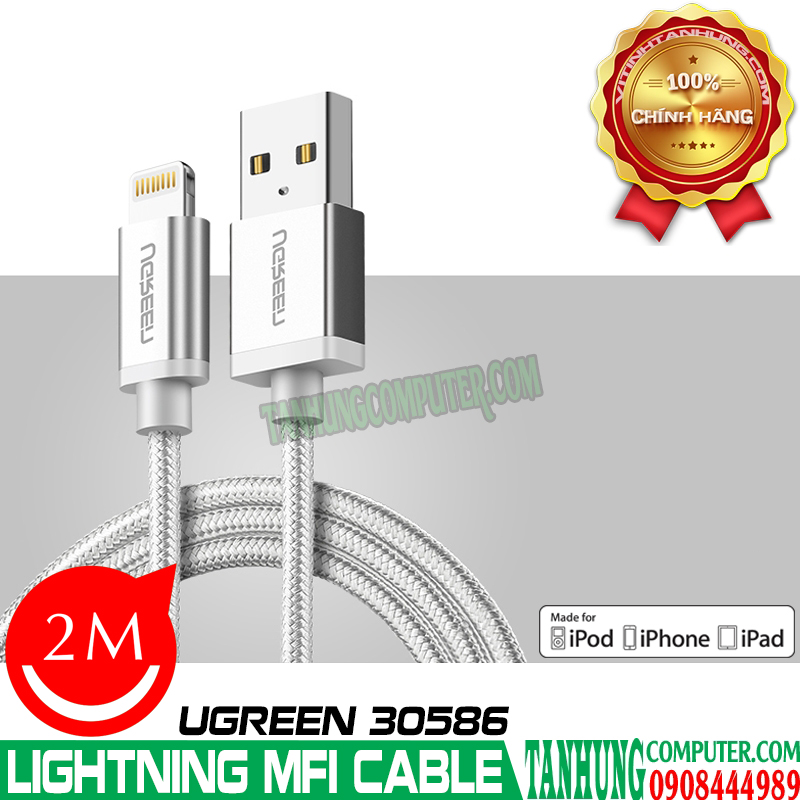 Cáp Sạc USB Lightning Chuẩn MFi dài 2M Màu Bạc Ugreen 30586 - Vi Tính Tấn  Hưng