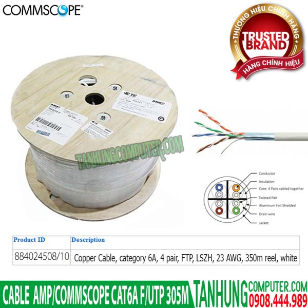 Cáp Mạng Cat6A "Commscope" 884024508/10 CS44Z1, Category 6A Cable, 4 pair, 23 AWG, F/UTP, LSZH, 305M, Reel, White Chính Hãng