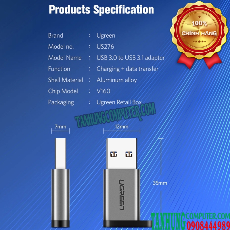 dau-chuyen-usb-3-0-to-usb-c-3-1-female-cao-cap-ugreen-50533