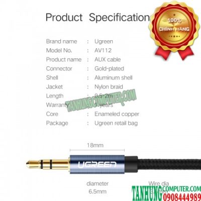 Dây AV 3.5mm (M/M) Ugreen 10685 dài 1M Đầu hợp kim bọc lưới cao cấp