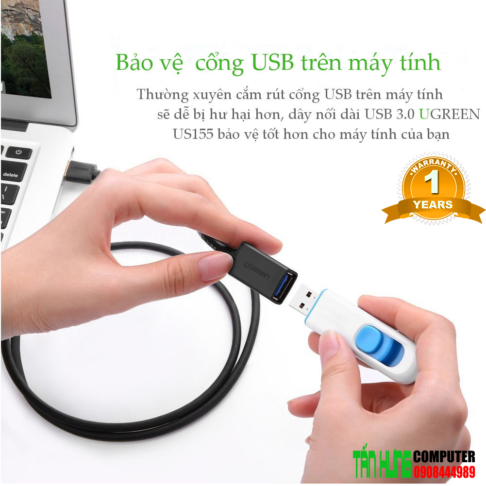 Cáp USB 3.0 nối dài 0.5M mạ vàng cao cấp chính hãng Ugreen UG30125