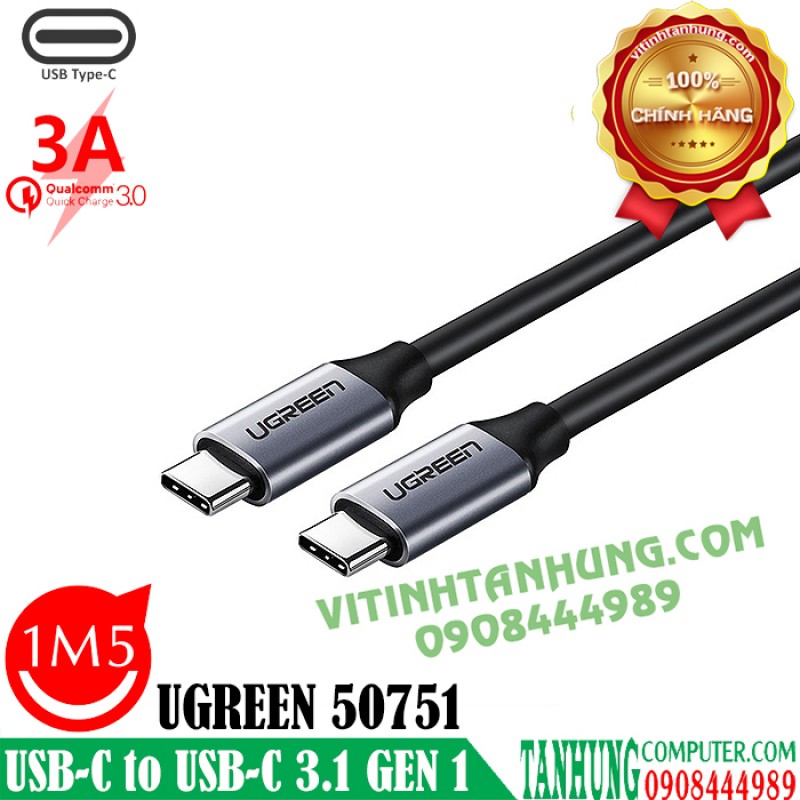 Cáp USB Type C 3.1 Gen 1 dài 1,5m kết nối sạc, truyền dữ liệu, hình ảnh 4K Ugreen 50751