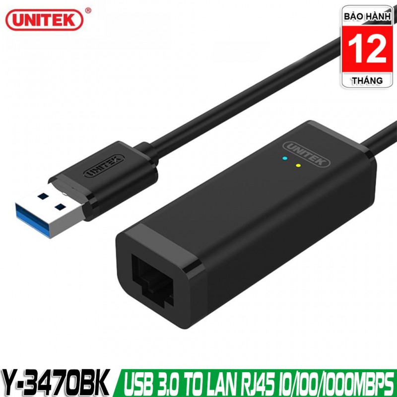 Cáp Chuyển USB 3.0 to Lan RJ45 10/100/1000Mbps Unitek Y-3470BK Cáp Chuyển USB 3.0 to Lan RJ45 10/100/1000Mbps Unitek Y-3470BK