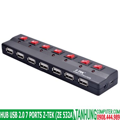 HUB USB 7 Cổng USB 2.0 Cao Cấp Có Nguồn 5V/2A Z-TEK ZE532A Chính Hãng