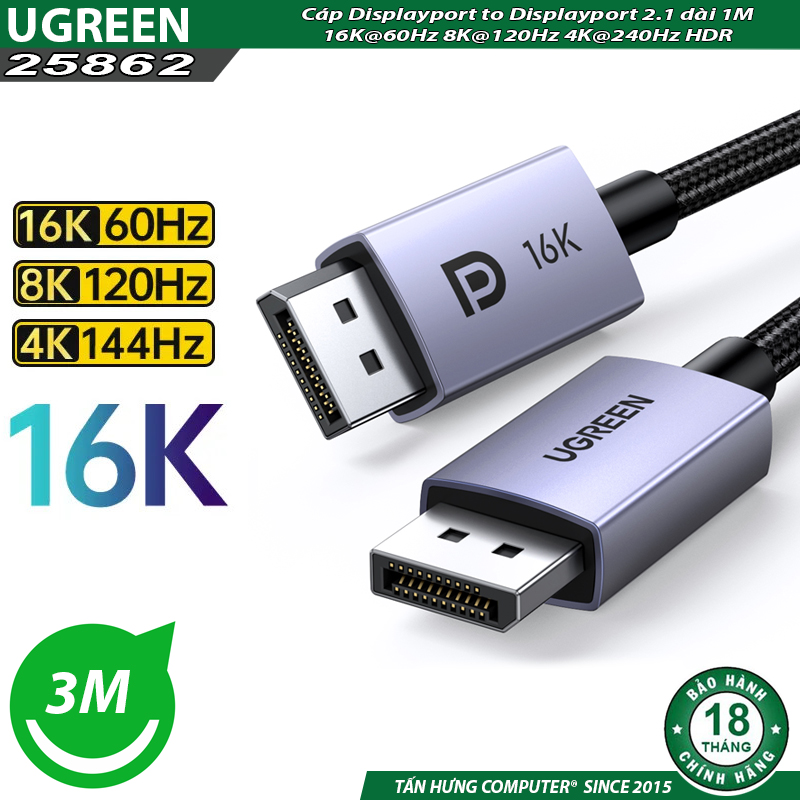 Cáp Displayport to Displayport 2.1 dài 3M 16K@60Hz 8K@120Hz 4K@240Hz HDR Ugreen 25862 DP118