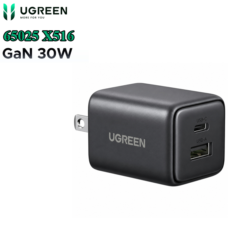 Củ Sạc Nhanh 2 Cổng 30W GaN Ugreen 65025 X516, USB-C & USB-A Hỗ Trợ QC4+, PD3.0