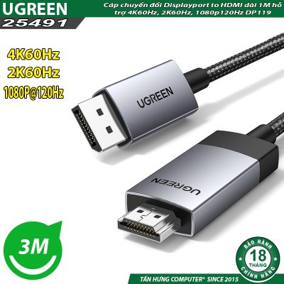 Cáp chuyển đổi Displayport to HDMI dài 3M hỗ trợ 4K60Hz, 2K60Hz, 1080p120Hz Ugreen 25491 DP119