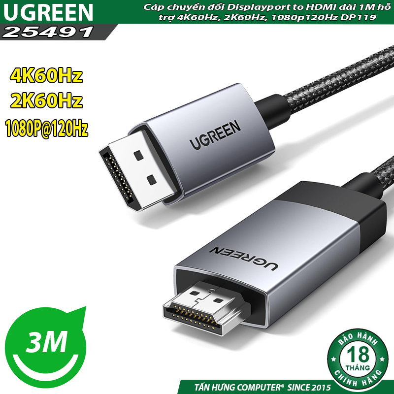 Cáp chuyển đổi Displayport to HDMI dài 3M hỗ trợ 4K60Hz, 2K60Hz, 1080p120Hz Ugreen 25491 DP119