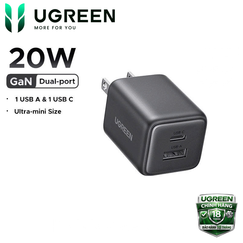 Củ Sạc Nhanh GaN Nexode Mini 20W 1C1A Ugreen 55533 X514 (US Plug) – Nhỏ Gọn, Sạc Nhanh PD 20W