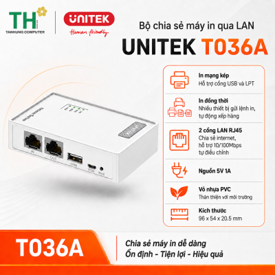 Thiết bị Printer Server in qua mạng Lan và Wifi Unitek T036A (TCP/IP RAW)