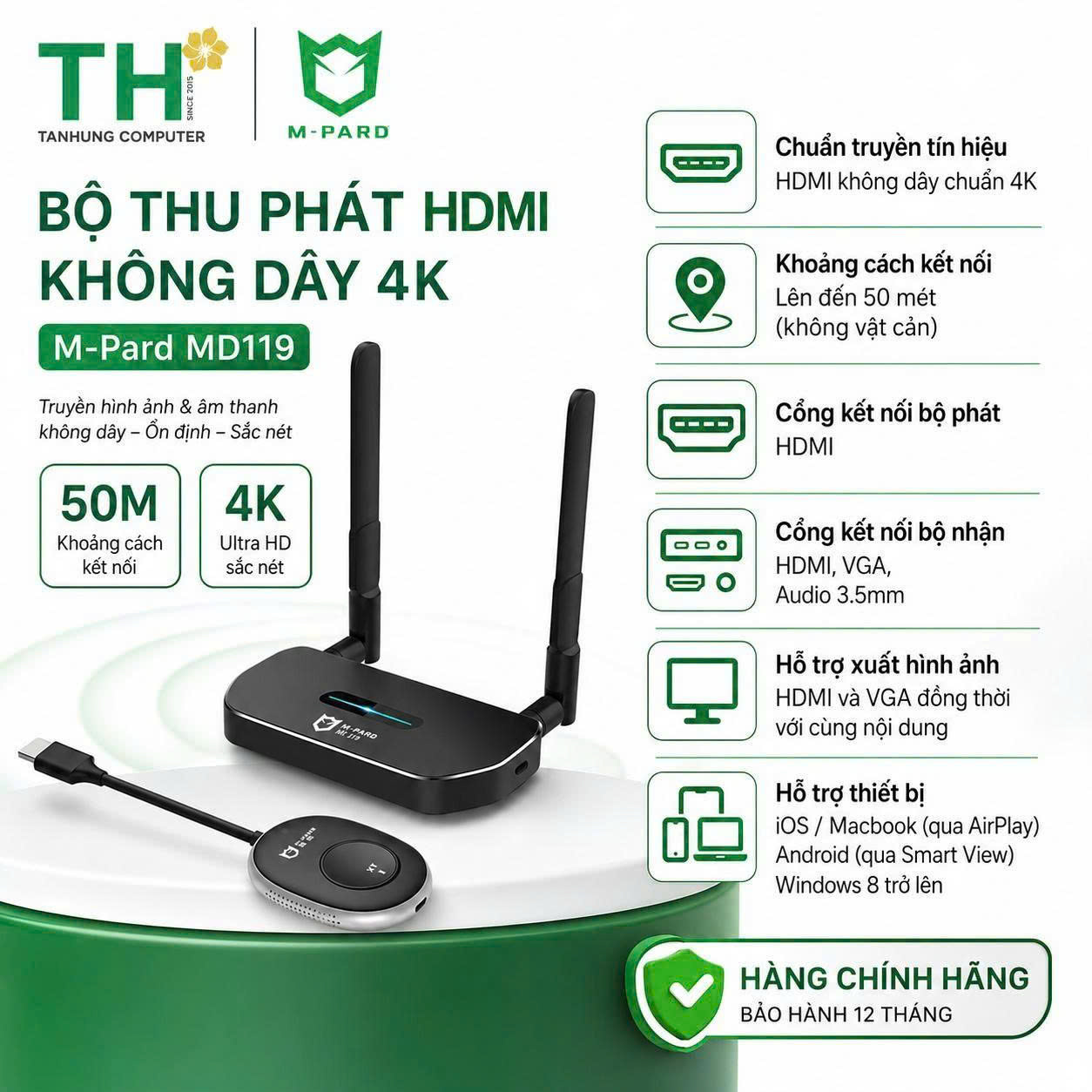 Bộ Thu & Phát HDMI Không Dây M-PARD MD119, Tần số kép 2.4GHz & 5GHz, 4K@60HZ, Hỗ trợ Airplay, Samsung Dex