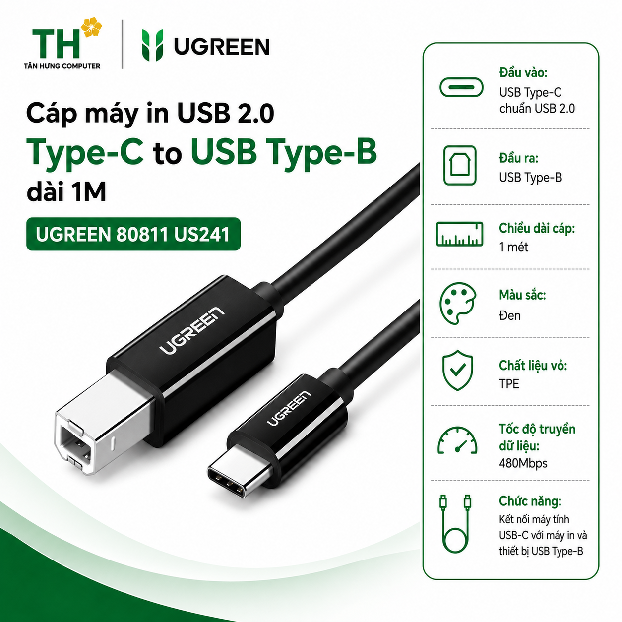 Cáp máy in USB 2.0 Type-C to USB Type-B dài 1M Ugreen 80811 US241