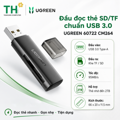 Đầu đọc thẻ SD/TF chuẩn USB 3.0 Ugreen 60722 CM264, hỗ trợ thẻ 2TB, tốc độ 5Gbps