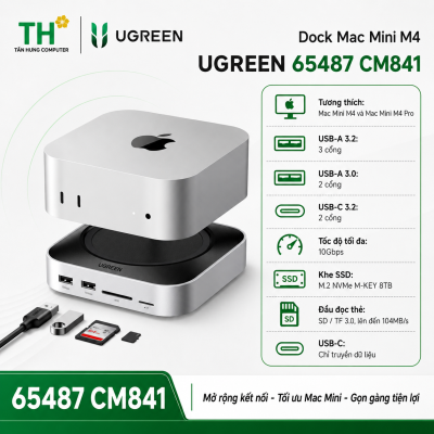 Dock Mac Mini M4 Ugreen 65487 CM841 tích hợp khe SSD NVMe Hỗ trợ Ổ cứng 8TB, Cổng USB-A và USB-C tốc độ 10Gbps