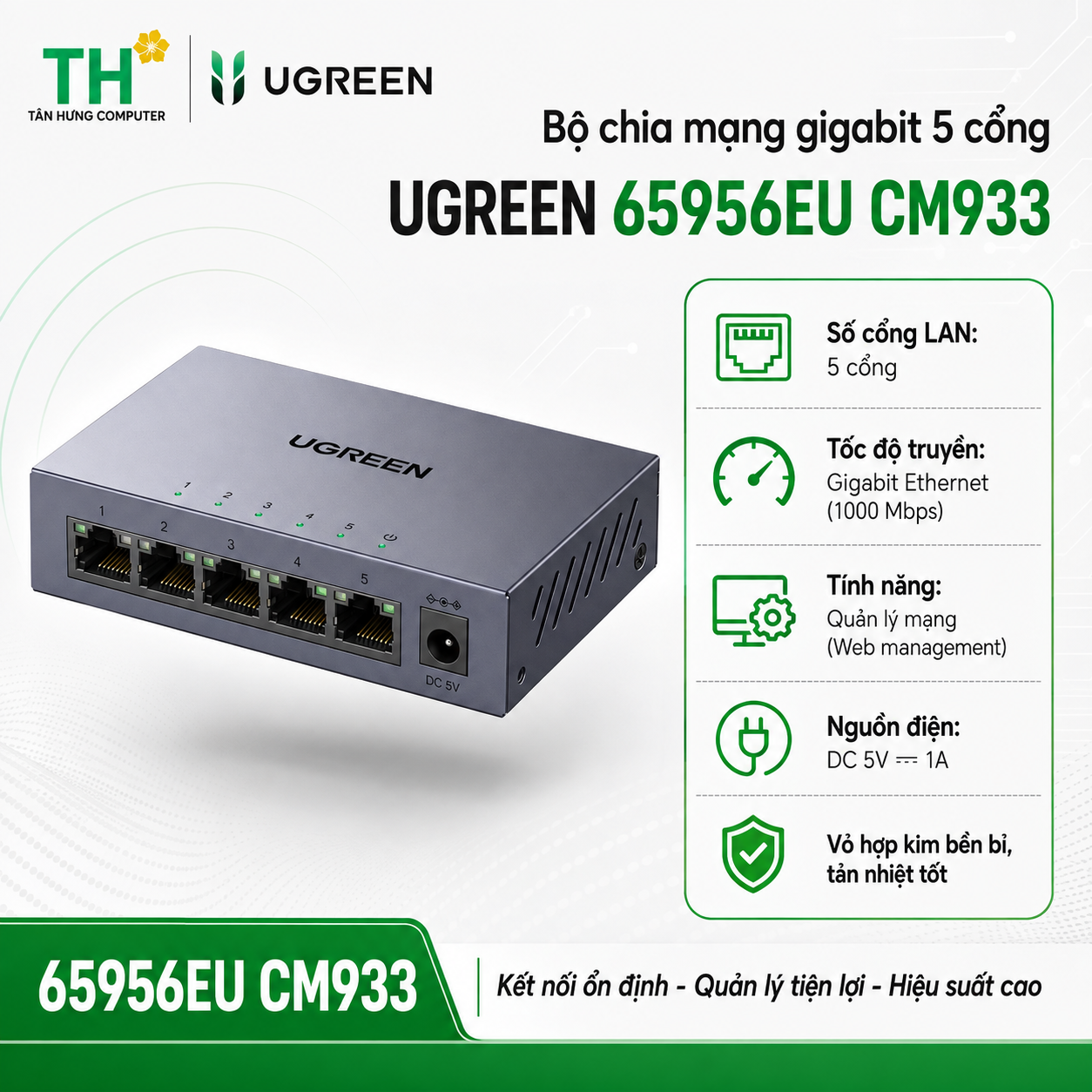 Bộ chia mạng Gigabit 5 cổng Ugreen 65956EU CM933, Băng thông 1000Mbps