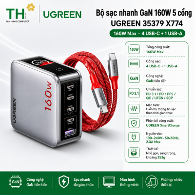 Bộ sạc nhanh GaN UGREEN 35379 X774 160W 5 cổng 4C1A, Màn hình thông minh,  Kèm Cáp 240W 1m5