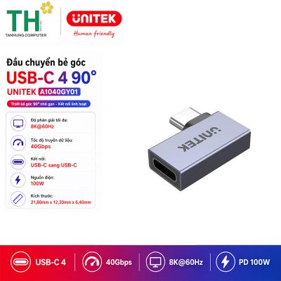 Đầu nối USB4 Type-C bẻ góc 90 độ Unitek A1040GY01 40Gbps, Hỗ trợ 8K60Hz, PD 240W