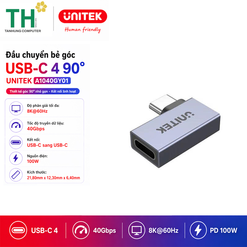Đầu nối USB4 Type-C bẻ góc 90 độ Unitek A1040GY01 40Gbps, Hỗ trợ 8K60Hz, PD 240W