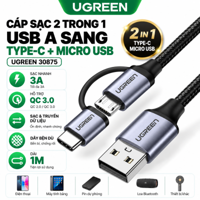 Cáp Sạc Nhanh 2 Trong 1 UGREEN 30875 US177 USB-A Sang Type-C Và Micro USB 1M, Hỗ Trợ QC 3.0, Truyền Dữ Liệu