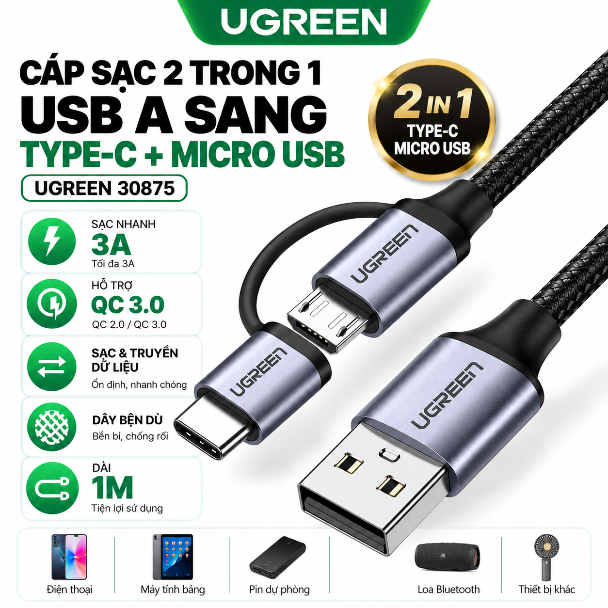 Cáp Sạc Nhanh 2 Trong 1 UGREEN 30875 US177 USB-A Sang Type-C Và Micro USB 1M, Hỗ Trợ QC 3.0, Truyền Dữ Liệu